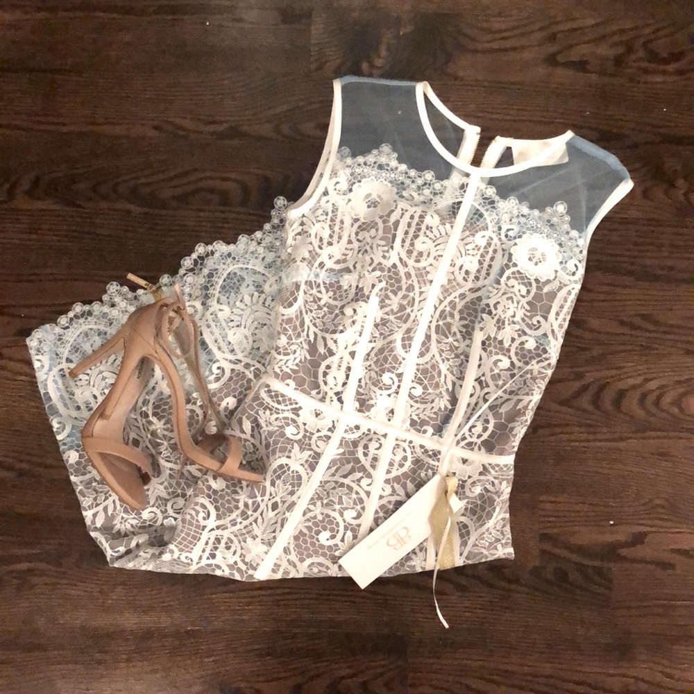 NWT! White lace on sheer blue midi dress. perfect for rehearsal dinner!
